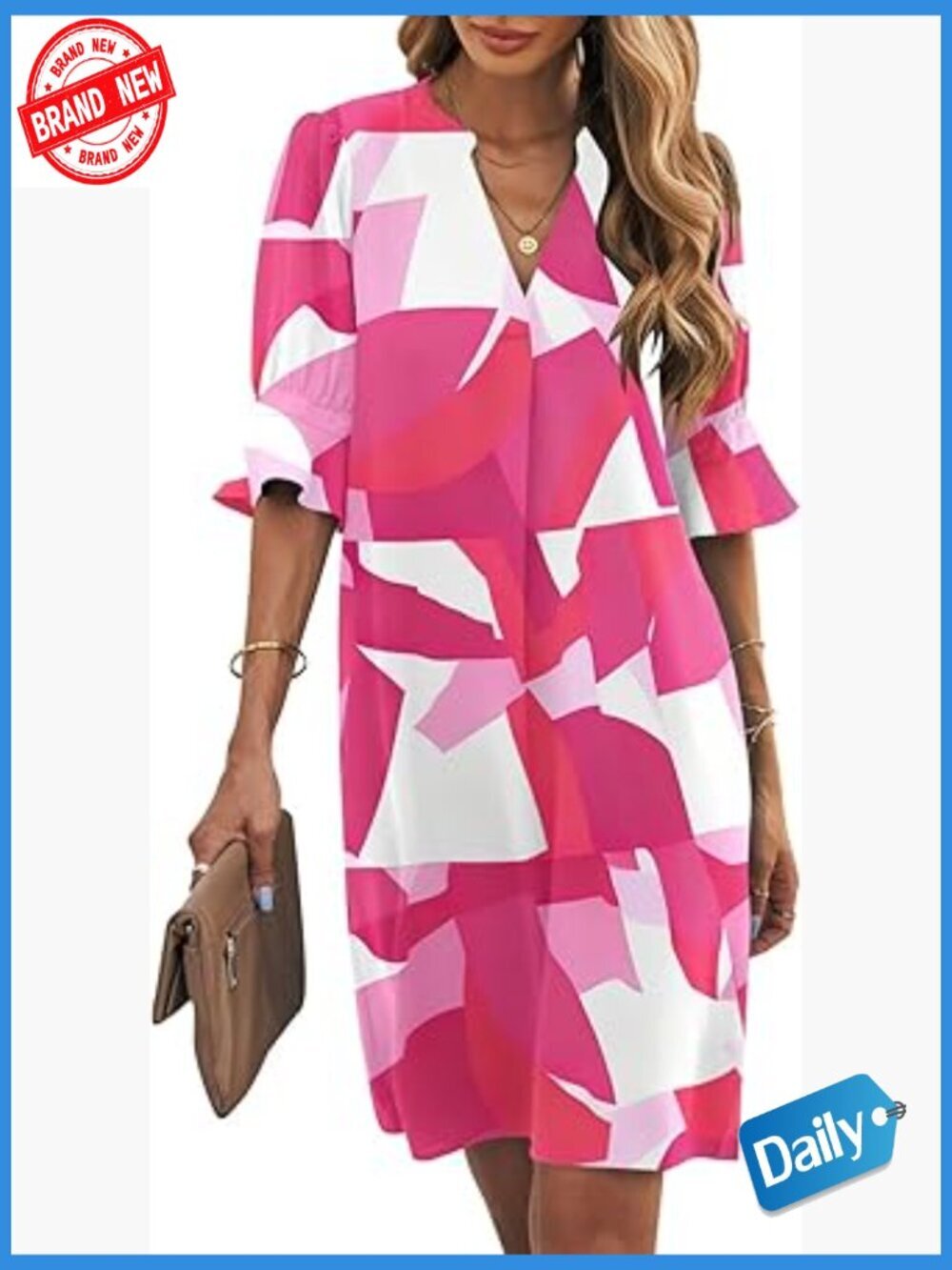 V-Neck Short Sleeve Shift Dress Casual Flowy Summer Dress